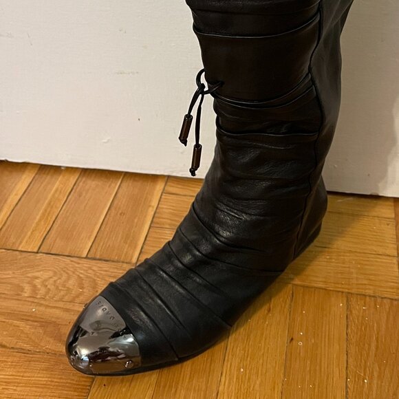 Over-the-Knee Leather Boots – Black with Metallic Cap Toe – Size 39 - Picture 8 of 13